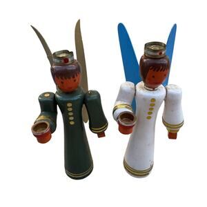 Vintage Pair (2) German? Denmark? Wood Painted Angels Candle Holders Decor -READ
